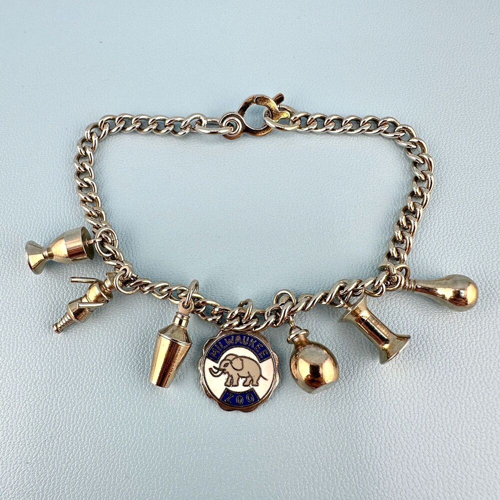 Vintage Charm Bracelet Silver Tone Sister Clasp Milwaukee Zoo Light Bulb 6.5"